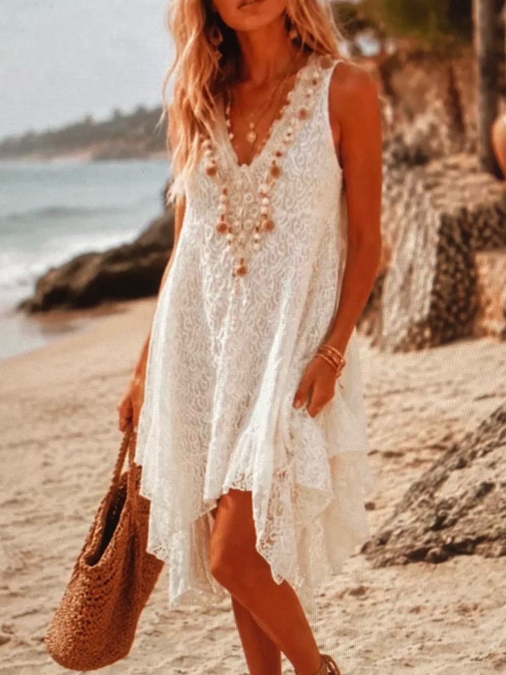 Boho Lace V-Neck White Asymmetric Sleeveless Dress